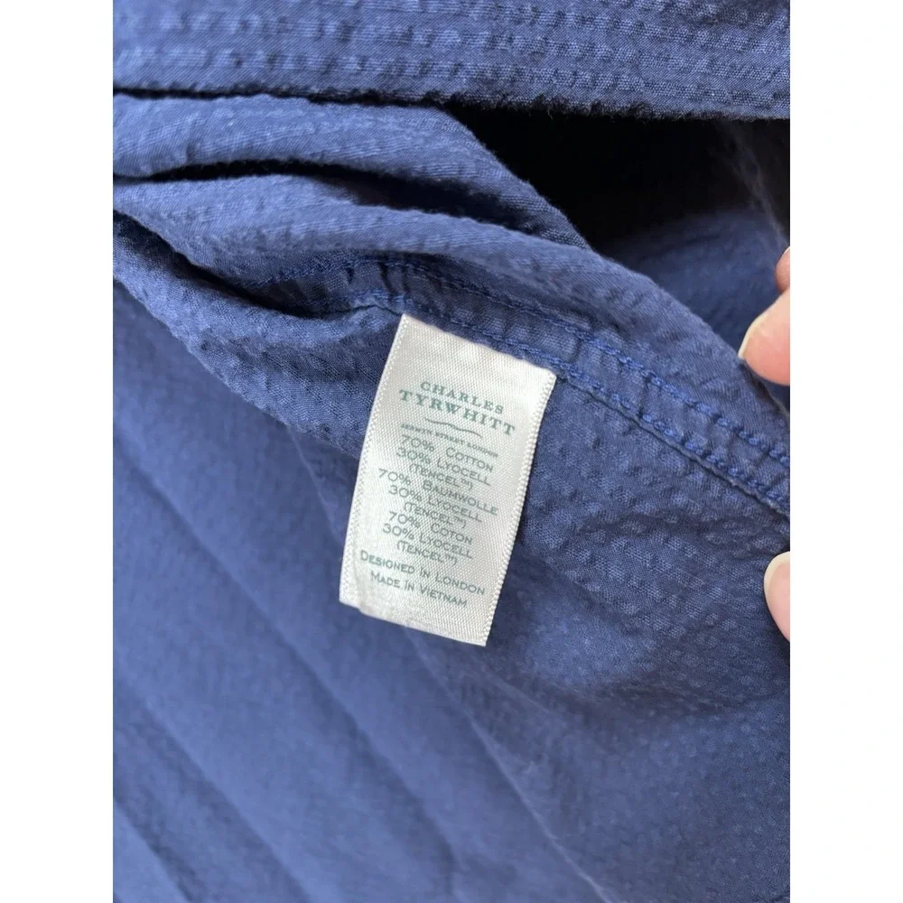 Charles Tyrwhitt Men's 18/37 Button Down L/Sl Shirt Navy Slim Fit Seer Sucker